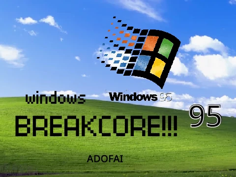 Windows 95 breakcore ADOFAI level logo with retro unfinished aesthetic