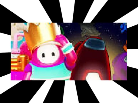 Concept image mashup featuring Among Us crewmates and Fall Guys beans together on a spaceship-themed obstacle course