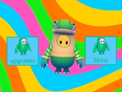 Fall Guys Clicker v8 cover showing beans, coins, and upgrade icons in a colorful incremental game interface