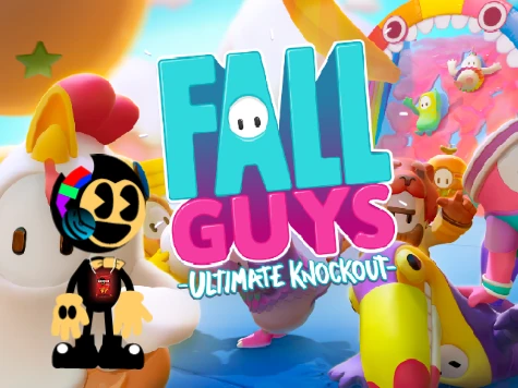 Fall Guys Is Awesome logo with colorful, excited bean characters celebrating
