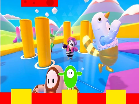 Interface of the Fall Guys Maker Game showing a level editor with various obstacles and platforms