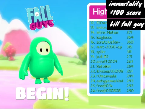 Fall Guys Runner Cheat Version game cover showing bean with special effects and unlocked items