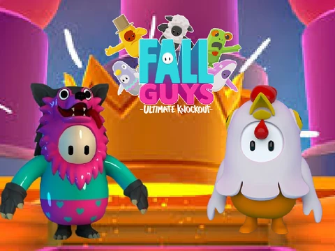 Fall Guys Wolf vs Chicken game logo showing wolf and chicken characters in battle