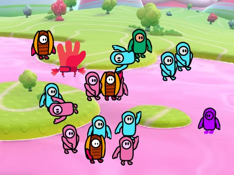 Fall Guys multiplayer tag game mode showing characters chasing each other