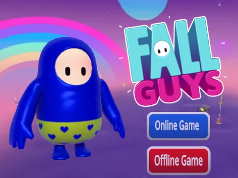 Gameplay scene from Online Fall Guys Run showing characters racing online