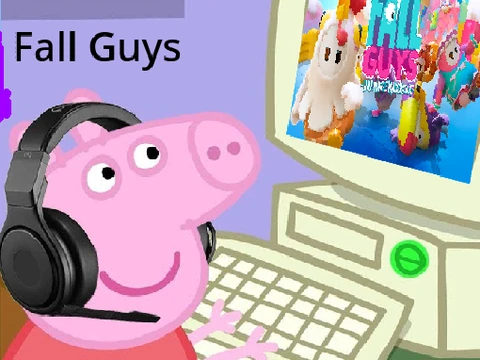Peppa Pig and Fall Guys crossover logo featuring Peppa in a jelly bean world