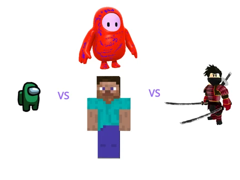 Roblox, Minecraft, Among Us, and Fall Guys characters facing off in epic crossover battle