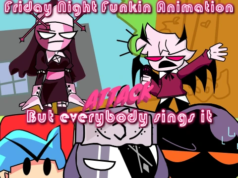 FNF Attack animation with multiple characters including Whitty, Tabi, Sarv, and Ruv singing together