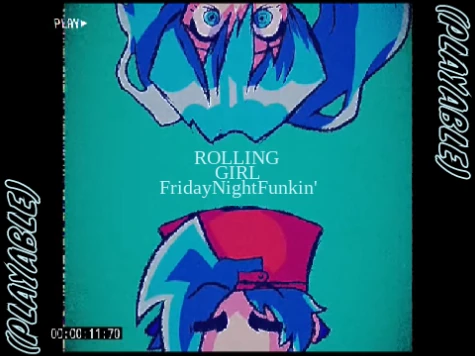 FNF Rolling Again logo with Hatsune Miku and Boyfriend from Friday Night Funkin