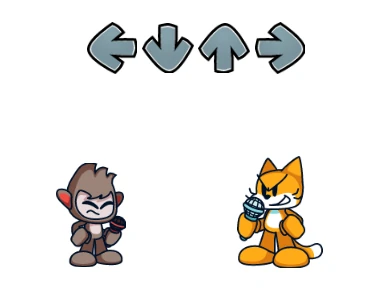FNF Engine v1.2 interface showing Scratch Cat, Gobo, and Brown Boy characters with arrow controls
