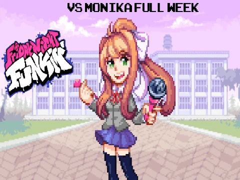 Friday Night Funkin Monika Mod showing Monika from Doki Doki Literature Club