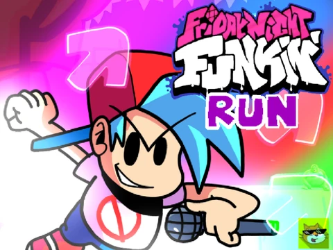 Friday Night Funkin Run gameplay screenshot showing Boyfriend jumping and throwing a microphone