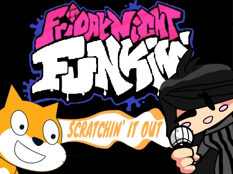 Friday Night Funkin SCRATCHIN IT OUT logo cover with Boyfriend and character sprites