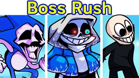 FNF Boss Rush Week 1 showing Majin Sonic, Eteled, and Sans characters