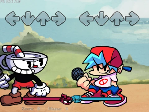 FNF Cuphead mod gameplay screenshot showing rhythm battle