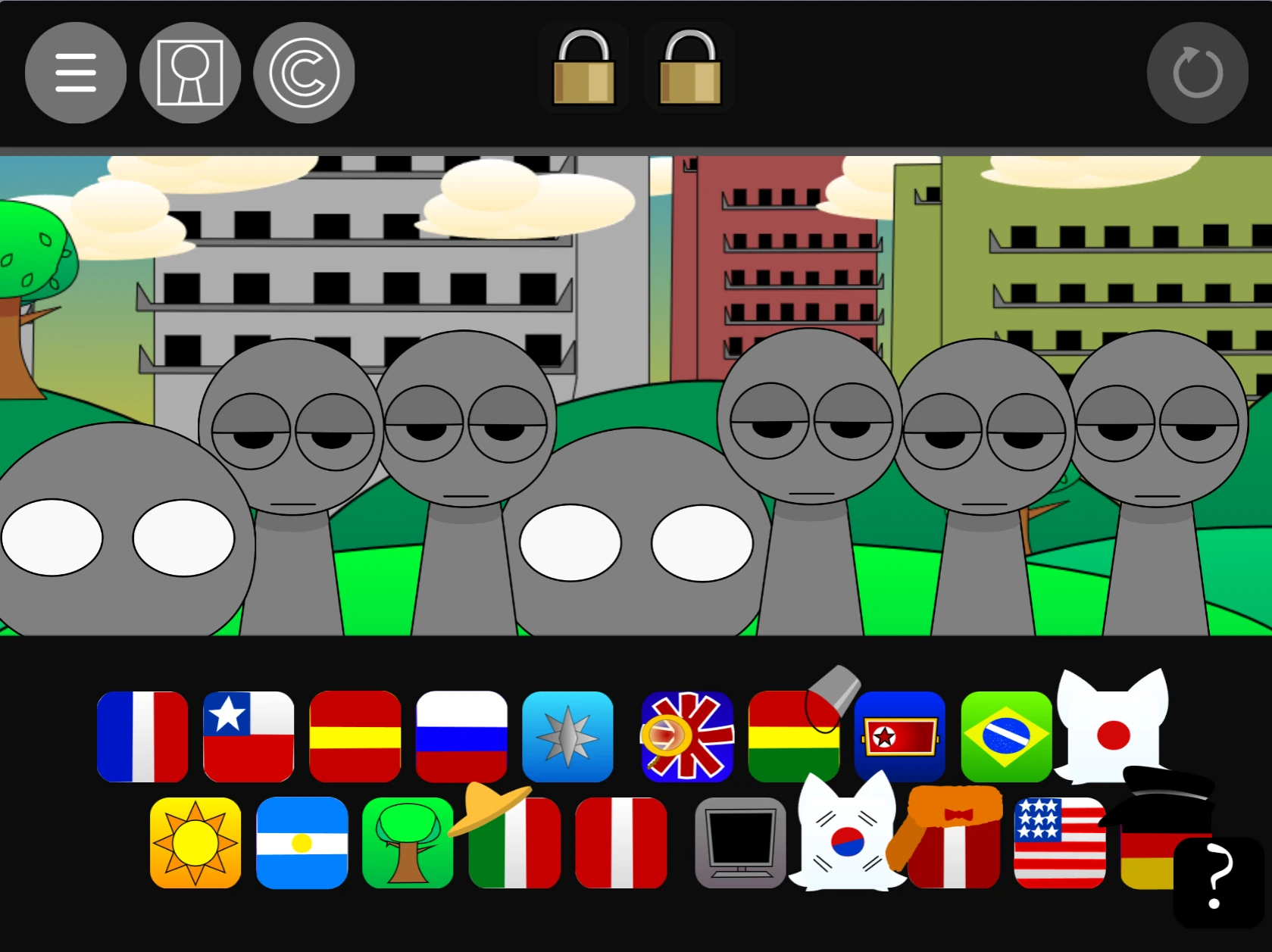 Countryball character selection screen in Sprunki Pyramixed 0.9 Countryball Sprunki Pyramixed 0.9 gameplay showing character selection interface