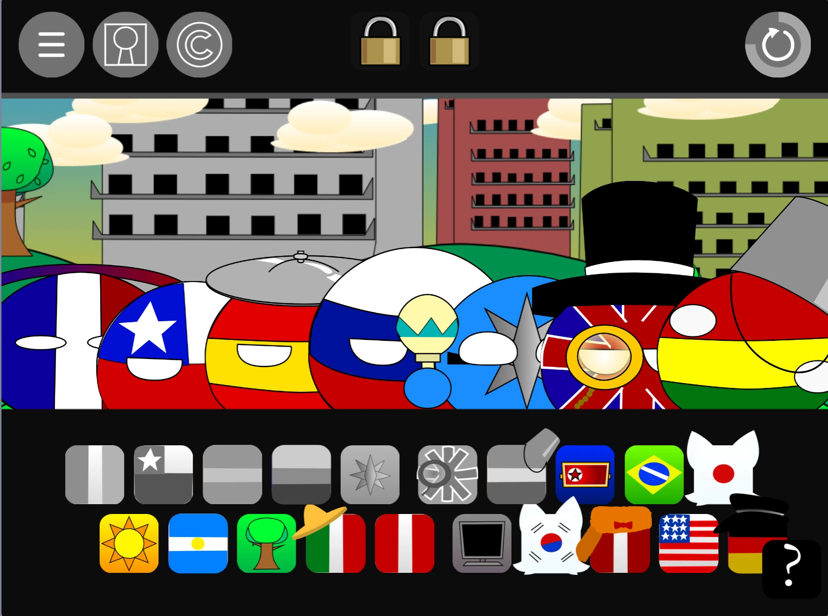 Multiple countryball characters performing together in Sprunki Pyramixed Countryball Sprunki Pyramixed 0.9 gameplay with multiple characters active