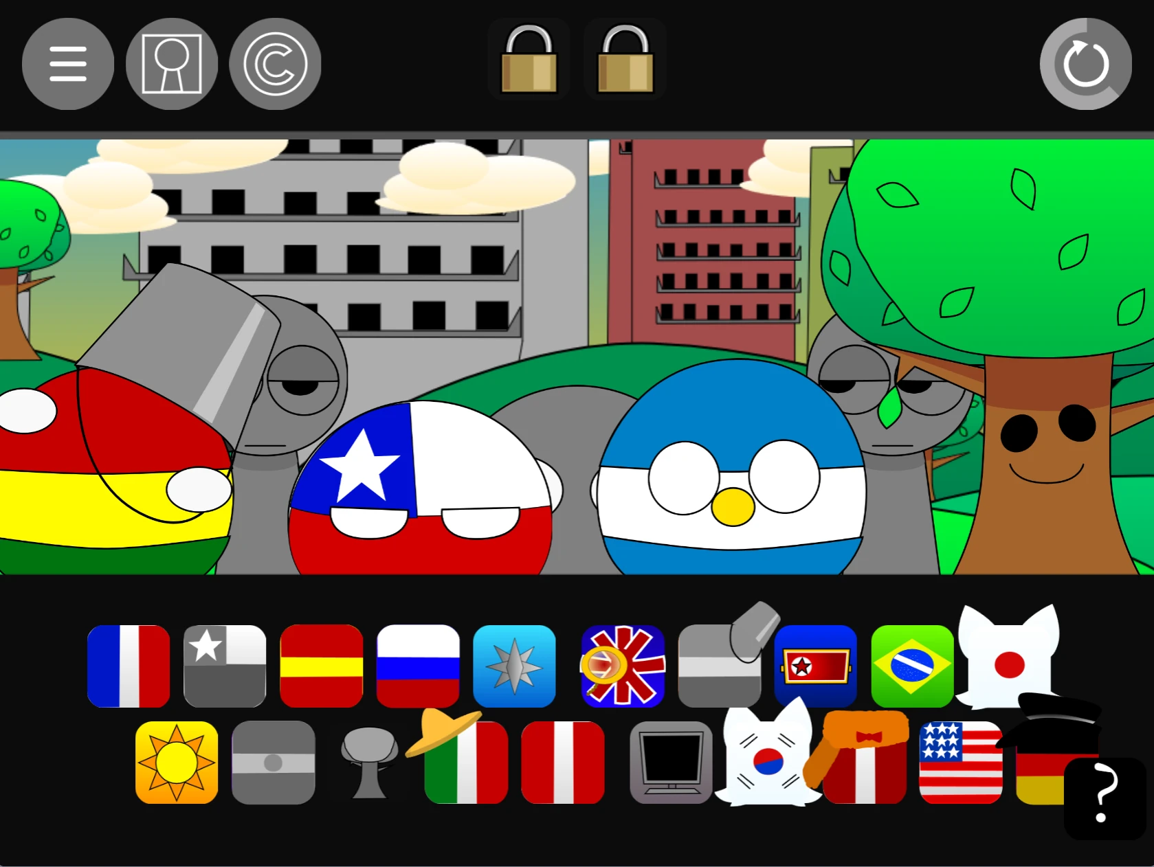 Music creation interface with countryball characters in Sprunki Pyramixed Countryball Sprunki Pyramixed 0.9 gameplay showing music creation interface