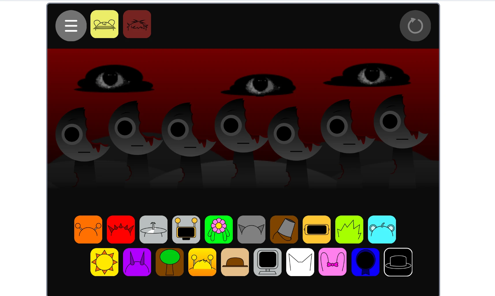 Incrediblx Sprunki Treatment Remix character selection screen with treatment options