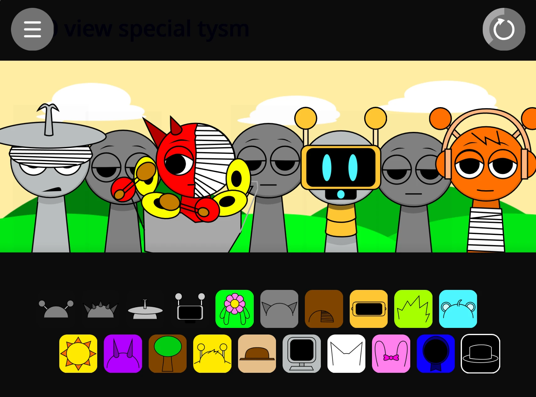 Infected Sprunki character selection screen showing corrupted variations