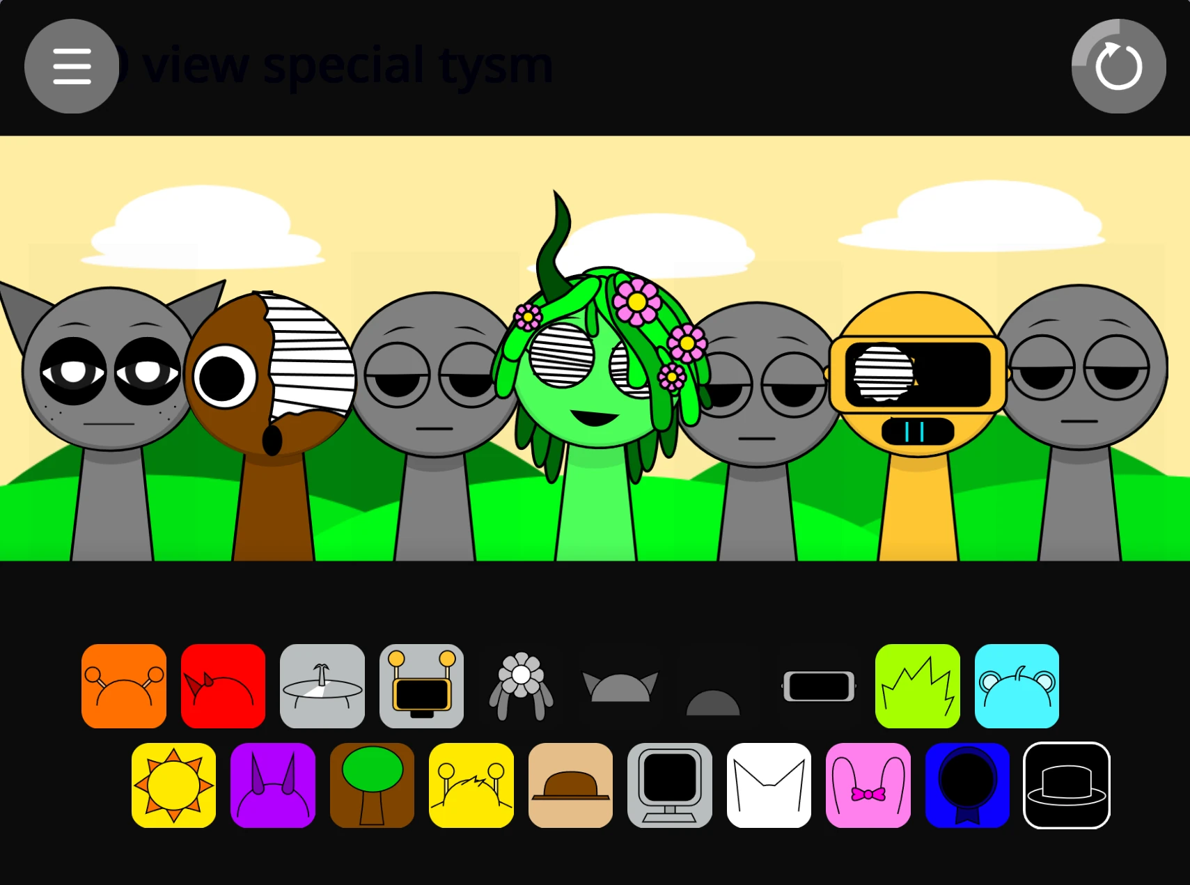 Gameplay showing infected Sprunki characters performing with corrupted sound effects