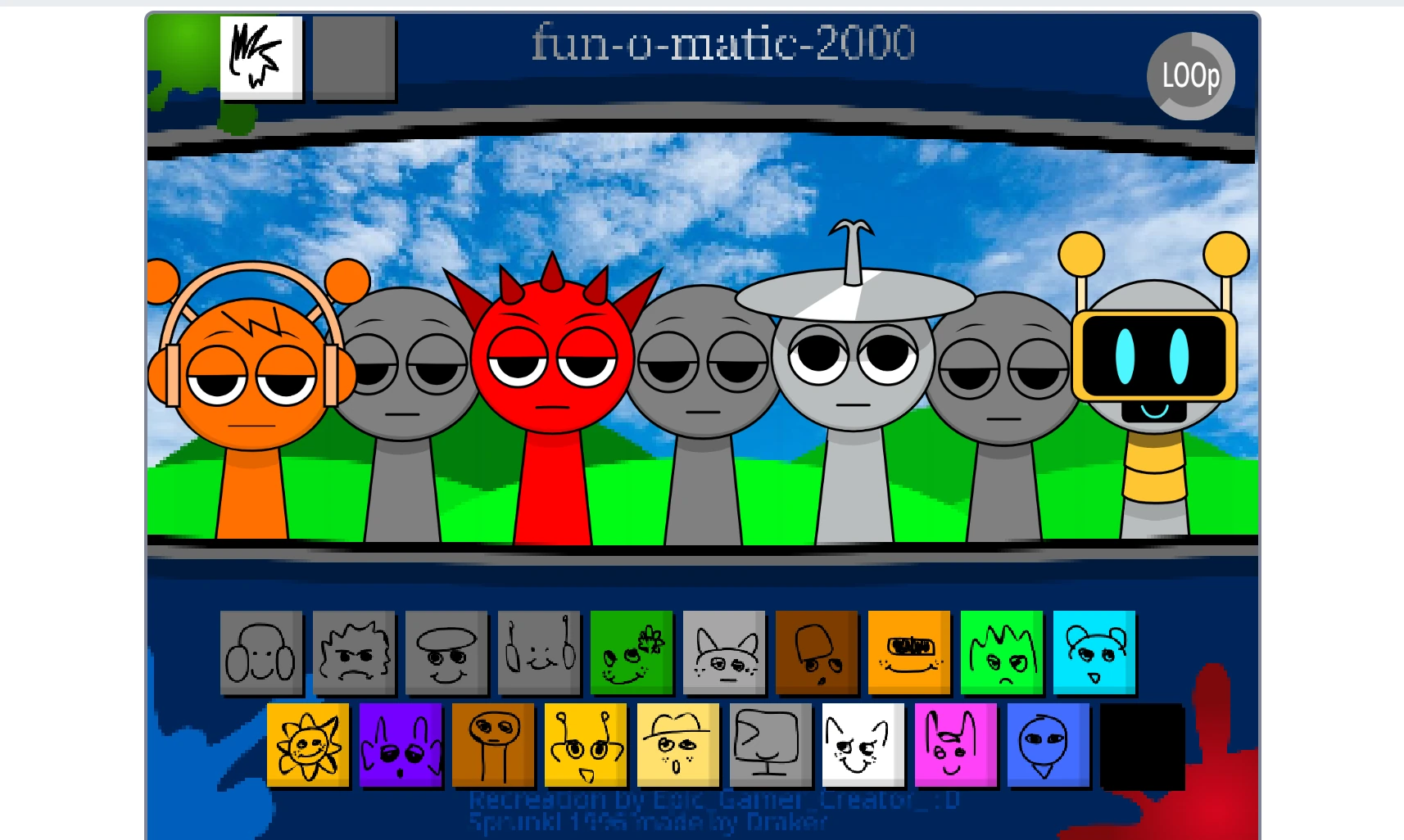 Sprunki 2006 character selection screen with vintage design