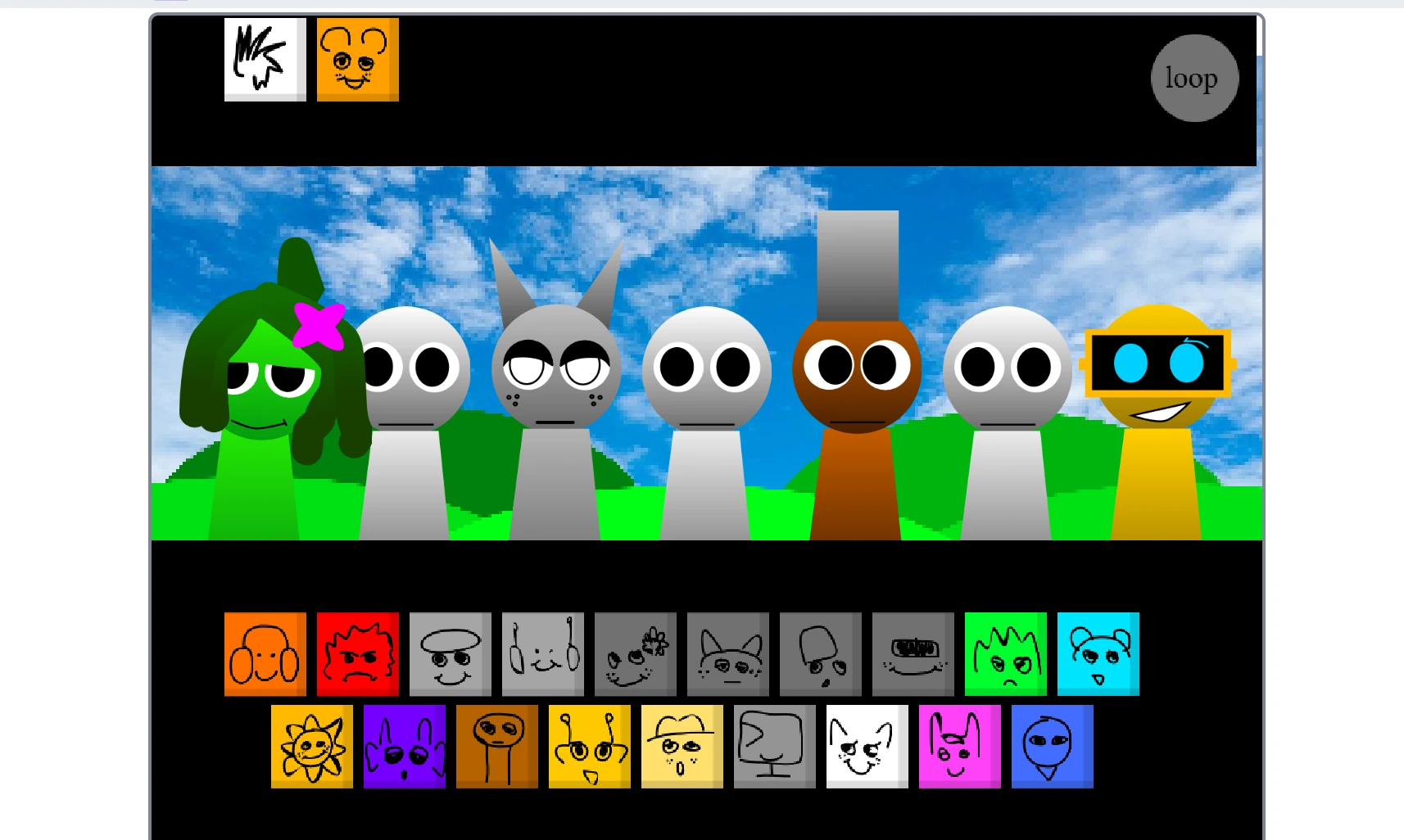 Multiple Sprunki characters performing together on stage