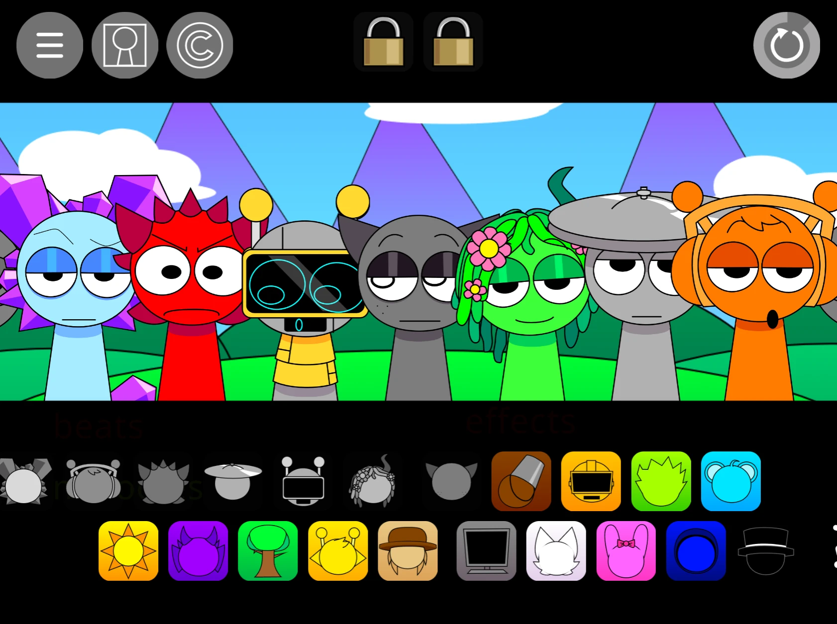 Gameplay interface and character selection in Sprunki Pyramixed 0.9 A Mi Version Sprunki Pyramixed 0.9 A Mi Version gameplay interface and characters