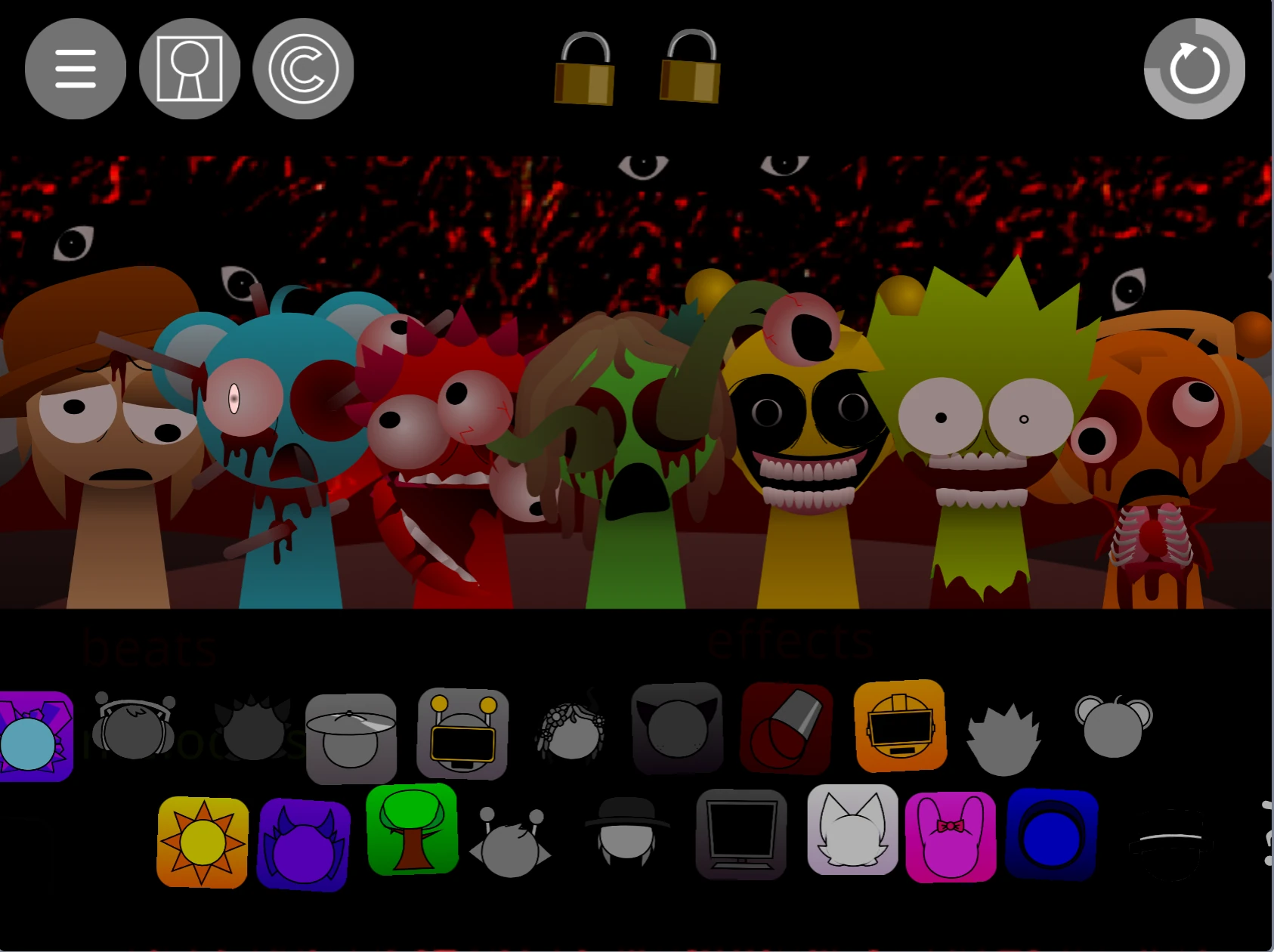 Complete character roster and selection screen in Sprunki Pyramixed 0.9 A Mi Version Sprunki Pyramixed 0.9 A Mi Version complete character roster