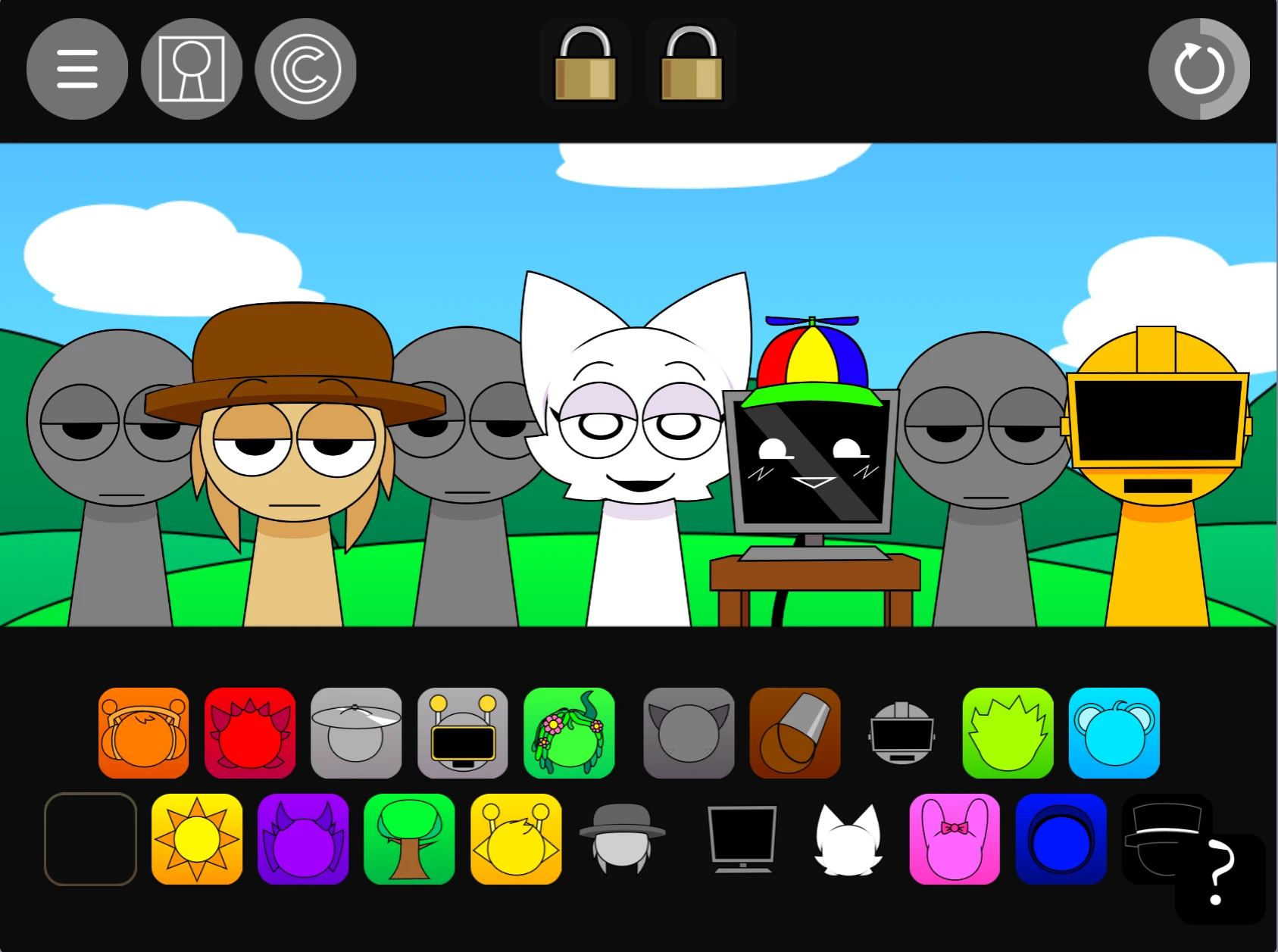 Main gameplay screen of Sprunki Pyramixed 0.9 Scratch Sprunki Pyramixed 0.9 Scratch main gameplay interface with pyramid characters