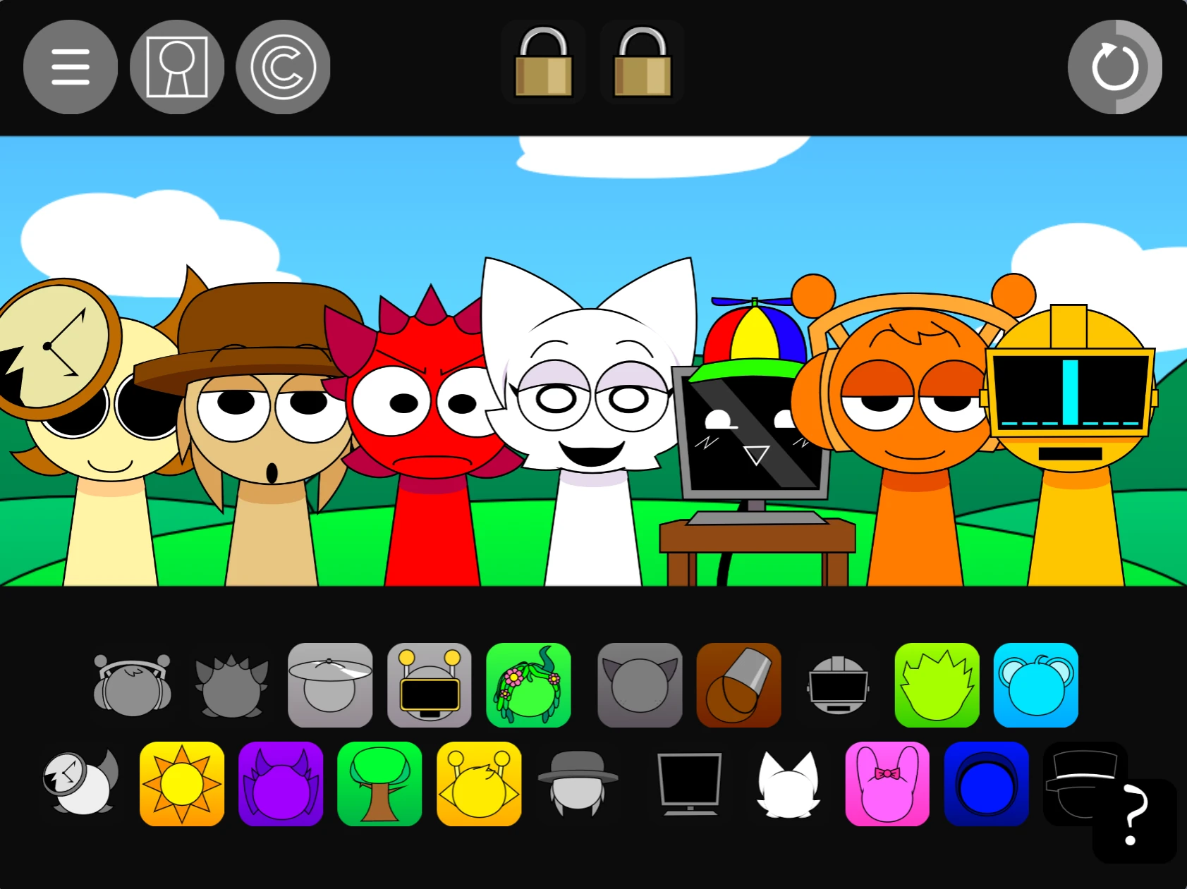 Choose from various pyramid-shaped characters Character selection screen in Sprunki Pyramixed 0.9 Scratch