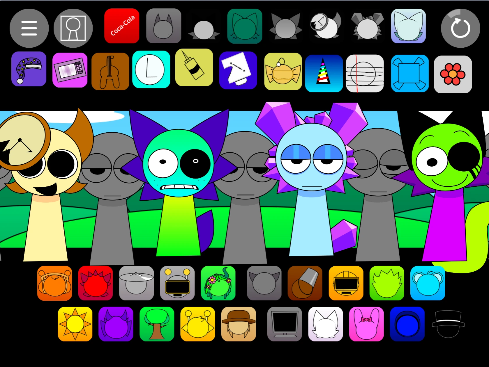 Pyramid-themed character selection in Sprunki Pyramixed 0.9 v2 Character selection screen in Sprunki Pyramixed 0.9 v2 with pyramid-themed characters