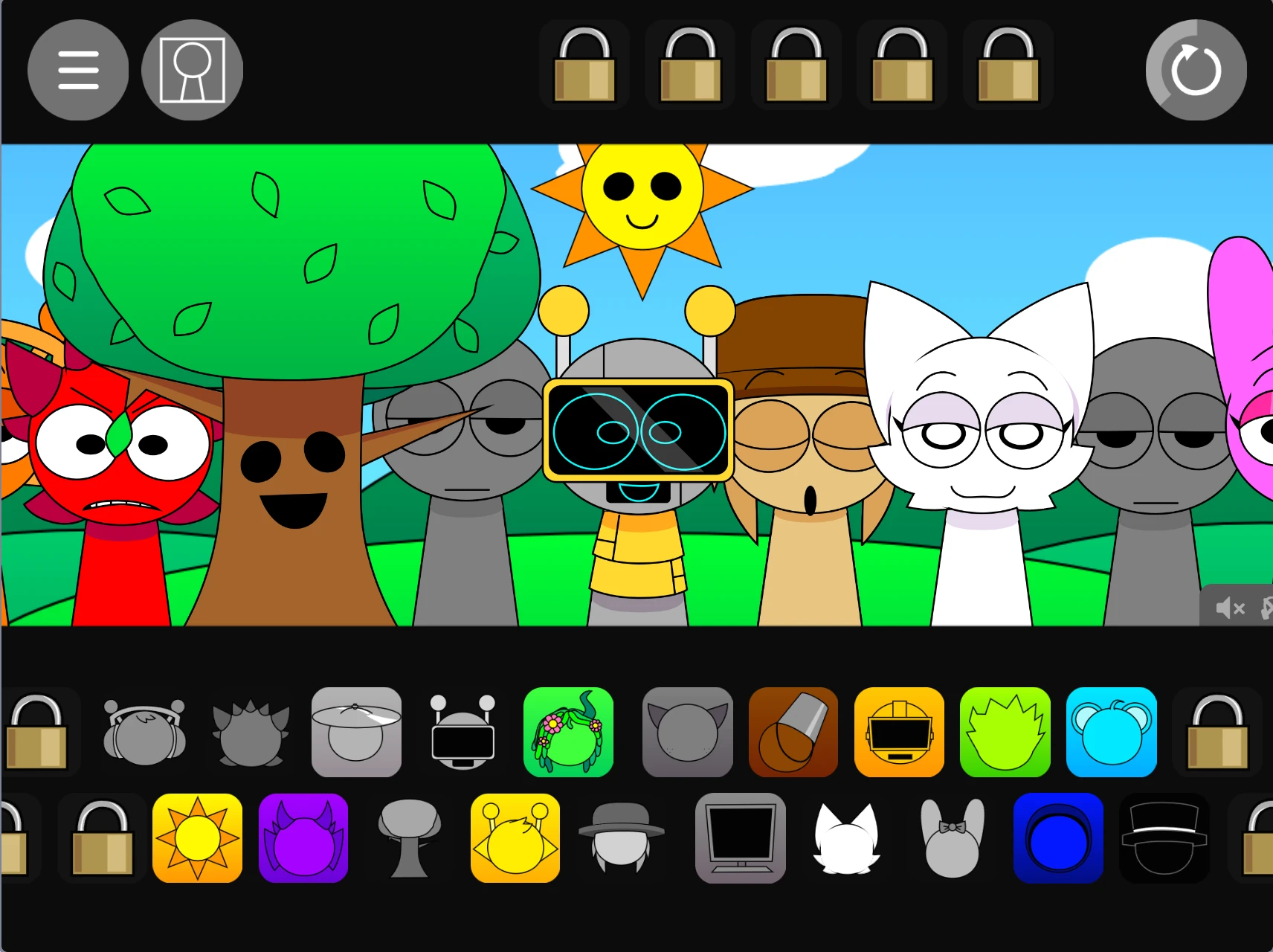 Sprunki Pyramixed Extra OCs gameplay and character selection Gameplay interface of Sprunki Pyramixed Extra OCs