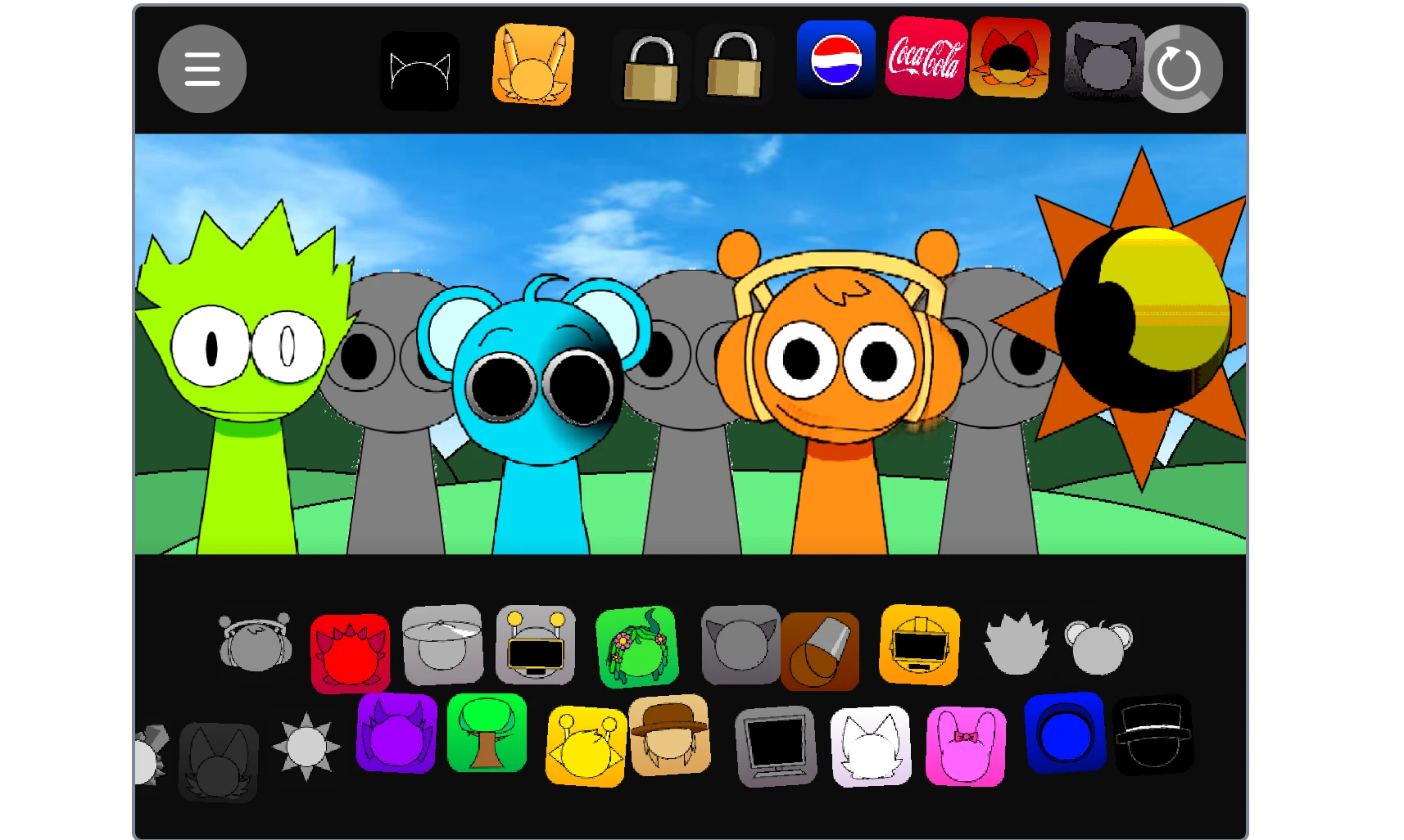 Gameplay mechanics showing character combinations in Sprunki Pyramixed Regretful V2