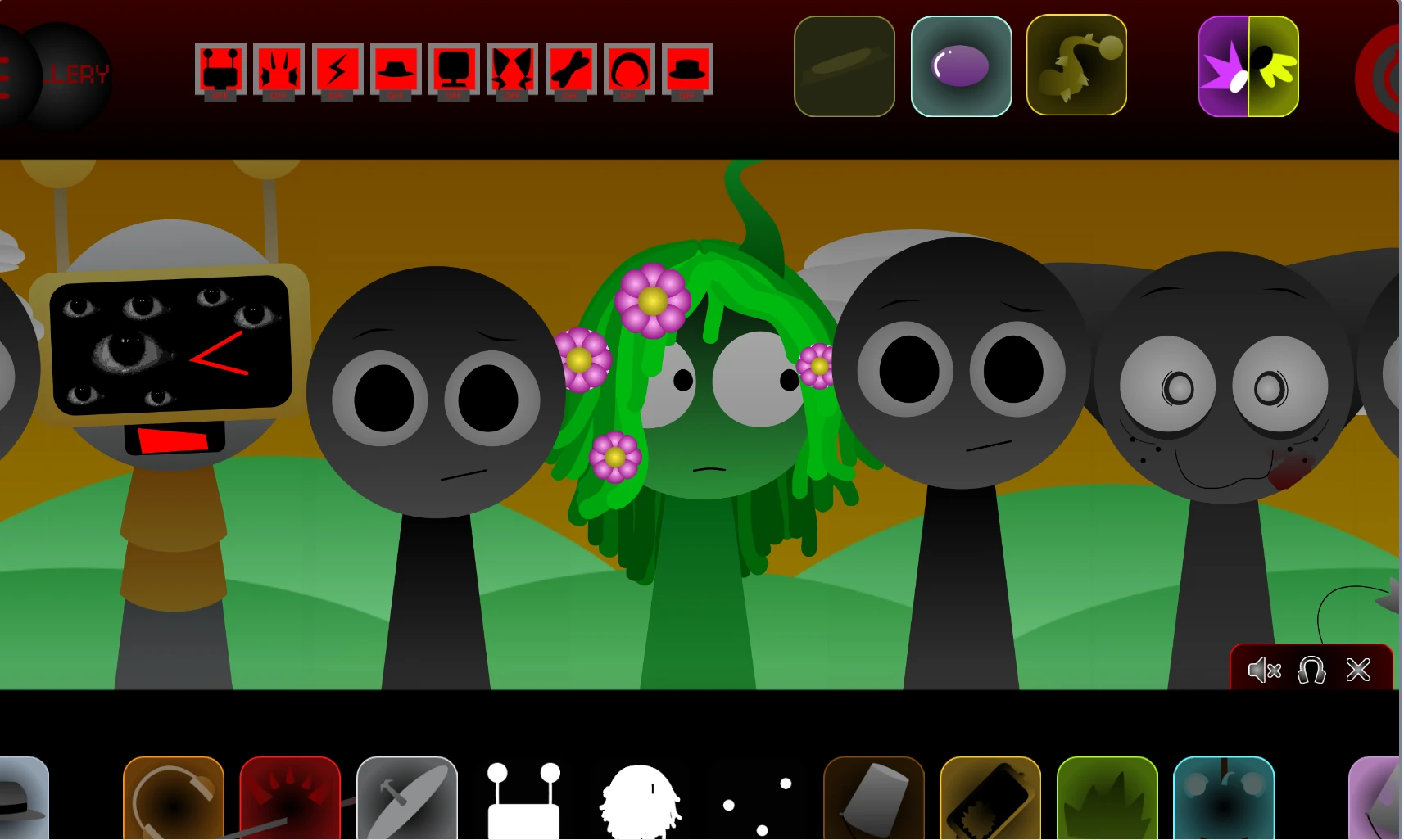 Character selection screen showing retextured Sprunki characters