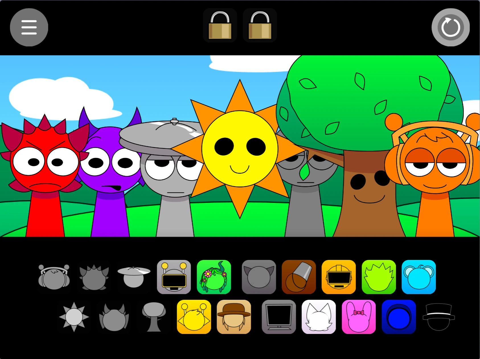 Sprunki Pyramixed Remix gameplay interface with character selection