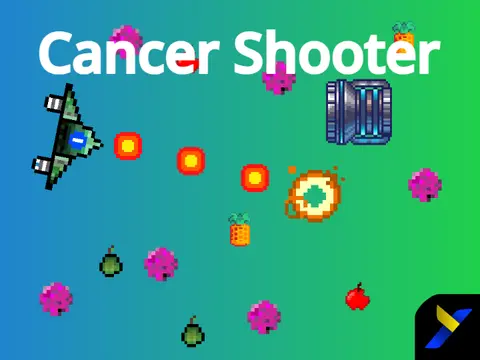 Cancer Shooter game logo featuring a laser targeting a tumor orb