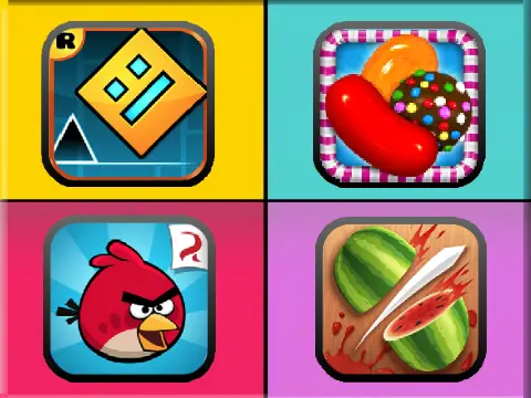 Games Quiz featuring logos of Geometry Dash, Minecraft, Roblox, Angry Birds and other popular games