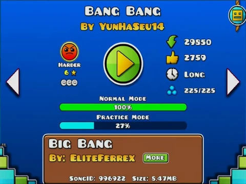 Geometry Dash Bang Bang Remix gameplay screenshot with rhythmic obstacles