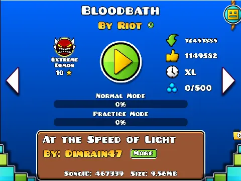 Geometry Dash Bloodbath EZ gameplay screenshot showing modified difficulty level