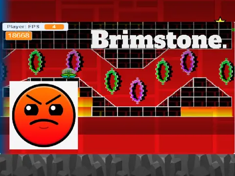 Geometry Dash Brimstone fiery custom level cover with laser dragons and geometric obstacles