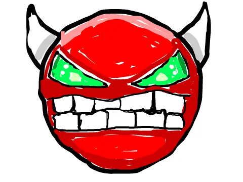 Interactive scribble art of a Geometry Dash demon character with musical controls