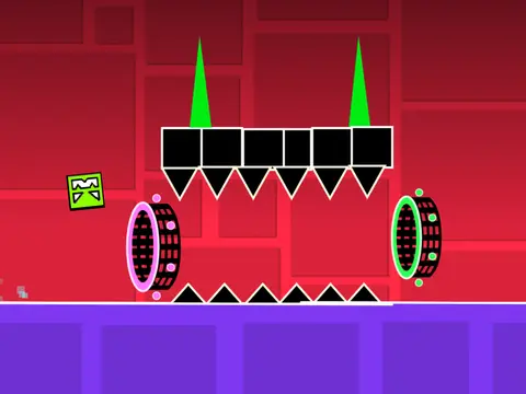 Geometry Dash E12 gameplay with DJVI soundtrack and simple jumping mechanics