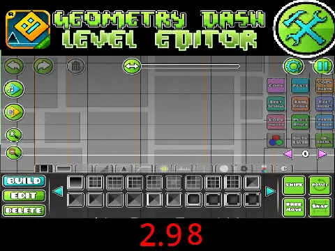 Screenshot of the Geometry Dash Level Editor 2.98 interface on Gosprunki.net