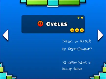 Geometry Dash gameplay showing Cycles to Electroman Adventures level progression