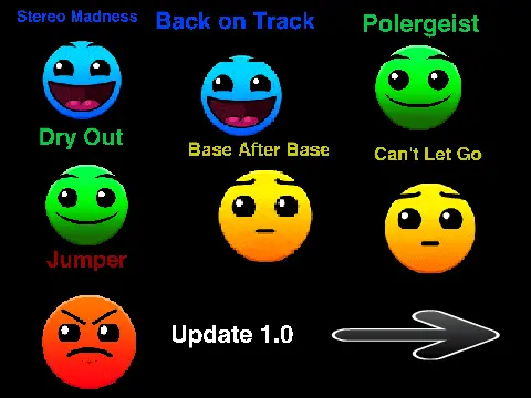 Interface of Geometry Dash Music D V1 player showing song selection
