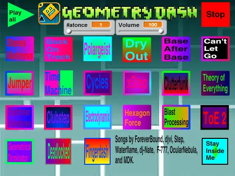 Logo for the interactive Geometry Dash music player featuring the Fingerdash song title
