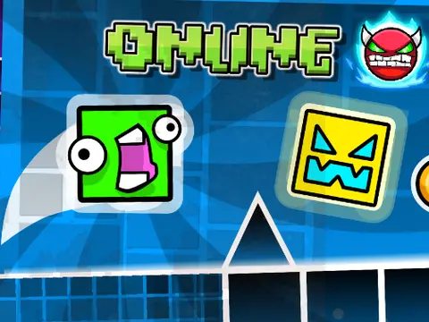 Geometry Dash Online game scene with geometric character and synchronized music notes