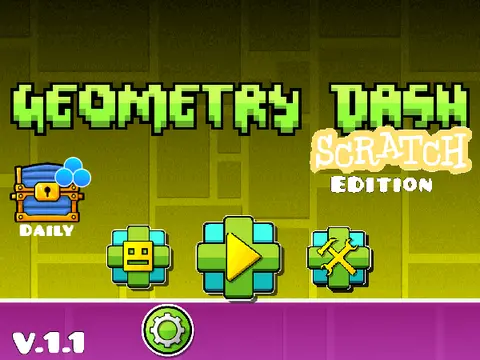 Geometry Dash Scratch Edition v1.1 gameplay showing browser interface and Scratch platform integration
