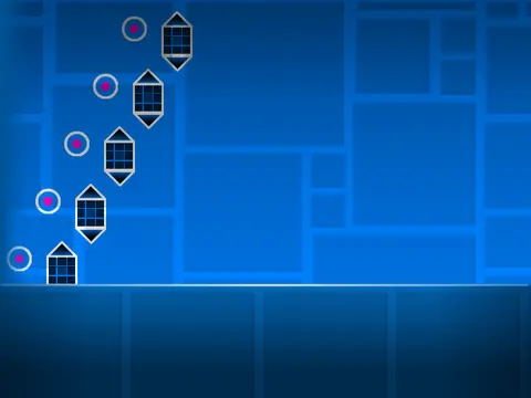 Interface of the Geometry Dash Spam Challenge level builder showing block menus